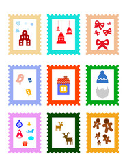 Set of Colorful Christmas Postage Stamps &ndash; Holiday Icons, Winter Decorations, Vector Illustration