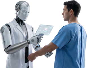 A robot doctor in a lab coat displays medical data on a futuristic tablet to a human patient in scrubs Technology Future Healthcare Interaction Science Innovation