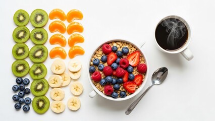 A healthy and colorful breakfast with fresh fruit, oatmeal, and hot coffee on a white background.