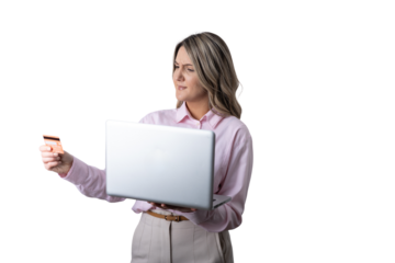 Woman feeling confused while online shopping with laptop and credit card