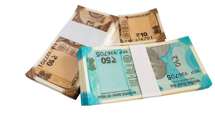 Bundles of ₹10 and ₹50 Indian Currency Notes with transparent background	
