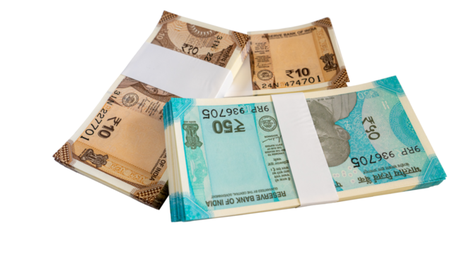 Bundles of ₹10 and ₹50 Indian Currency Notes with transparent background	

