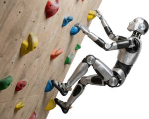 Realistic robot ascends a textured climbing wall with colorful holds showcasing advanced robotics and athletic simulation Artificial Intelligence Technology Machine