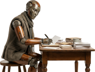 Vintage robot in tweed jacket and scarf sitting at a wooden desk writing with a pen surrounded by stacks of envelopes paper and a mug letters mail stationery communication