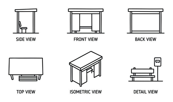 Outline drawing set of bus stop shelter showing different views side front back top isometric and detail.