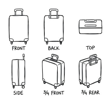 Outline drawing set of suitcase showing different views front back side top and three quarter views.