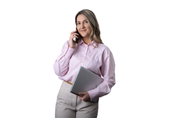 Businesswoman talking on phone carrying laptop smiling