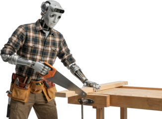 Advanced robot craftsman wearing plaid shirt and tool belt meticulously cuts wood plank with handsaw on workbench Woodworking Cutting Automation Future Technology