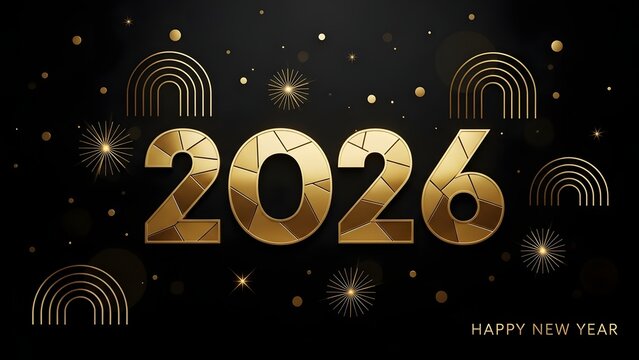 Celebrate the golden New Year 2026 with elegant festive designs and shimmering gold accents on a sophisticated black background, for a modern holiday vibe