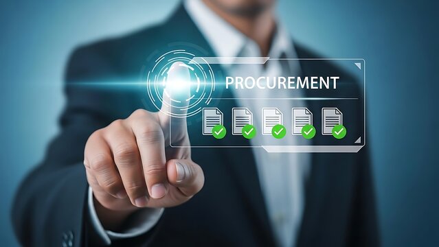 Businessman interacting with a digital procurement interface for efficient supply chain management