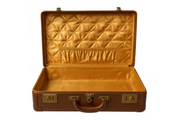 Open vintage leather travel suitcase with empty golden interior, prepared for a journey, transparent background