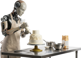 Humanoid robot wearing an apron decorates a multi tiered cake with piping bag baking ingredients and utensils visible on metallic counter android decorating pastry