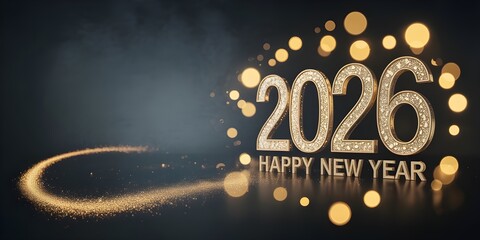 Sparkling 2026 happy new year celebration with golden lights and trail