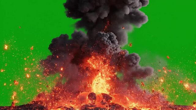 Fiery explosion erupts with intense heat and dark smoke against a green screen background.