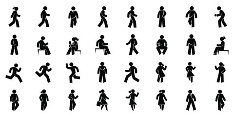 Diverse Silhouette Collection Showcasing Standing, Walking, Running, and Seated Figures, Illustrating Dynamic Human Poses vector elements. 