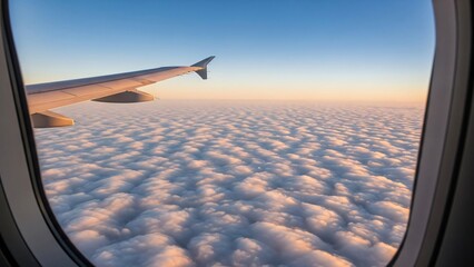 Obraz premium Stunning view of clouds and an airplane wing from a window during golden hour.