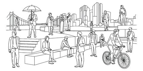 Line Art Illustration of Urban Scenery Featuring People Walking, Sitting, and Cycling in City Landscape with Buildings and Stairs vector elements. 