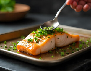 A person is putting a spoonful of food on a piece of fish