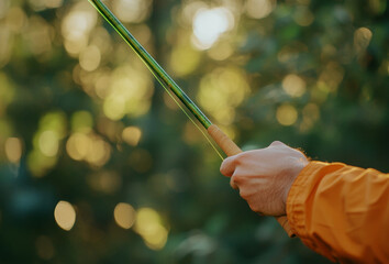 A person holding a fishing rod with a green handle