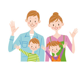 笑顔で手を振る仲良し4人家族のイラスト