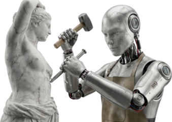 A futuristic metallic robot meticulously carves a classical marble statue with a hammer and chisel showcasing advanced automation and artistry AI artificial intelligence