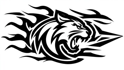 Fototapeta premium Aggressive Fierce tribal tiger head tattoo roaring with flame accents for vehicles