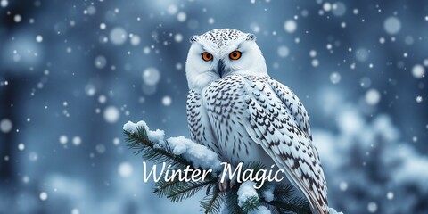 Snowy owl perched on pine branch