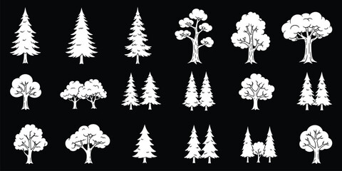 Monochrome Tree Silhouettes. Collection Silhouette Tree Images. Black and White Evergreen, Tree Shapes, Variety of Deciduous Tree Shapes, Isolated on Black Background.