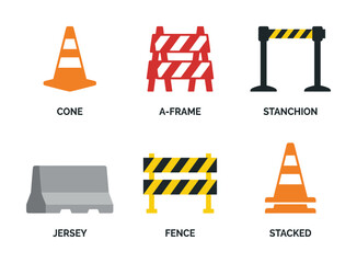 Road barrier icon set. Cone, a-frame, stanchion, jersey, fence, and stacked cones. Traffic control objects.
