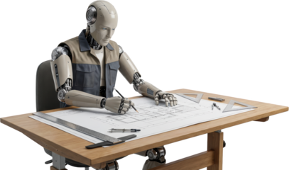 A robotic engineer wearing a utility vest draws architectural blueprints on a drafting table with drafting tools including rulers triangles and compasses Engineering