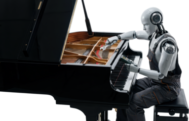 Humanoid robot with tools working on internal components of a grand piano adjusting strings and checking digital display android mechanic repair maintenance technology