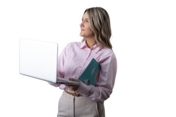Professional businesswoman holding laptop presenting business ideas