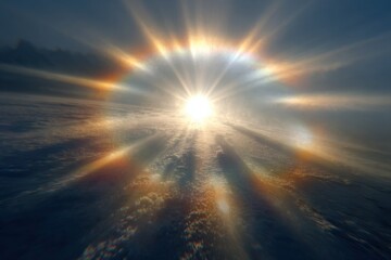 Rare sun candle phenomenon, atmospheric optical effect with ice crystals, multiple light halos around bright sun in sky, golden and amber light rays piercing through frozen air