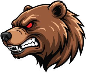 Aggressive roaring bear mascot head vector illustration for sports logo, wildlife branding, fierce animal emblem, predator graphic design