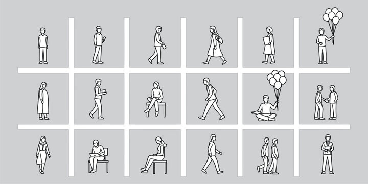 People in Boxes Line Art Drawings Vector Illustration Set. Men and Women Characters in Various Poses, Outline Style Isolated Design Elements for Graphics.