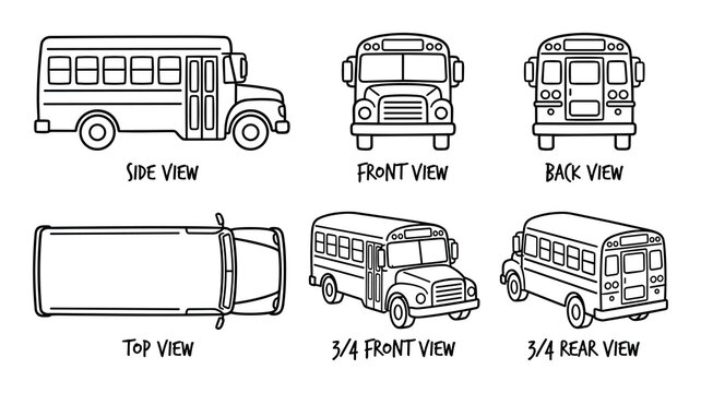 School bus in different perspectives. Detailed outlines of a public transport vehicle. Viewpoint set.