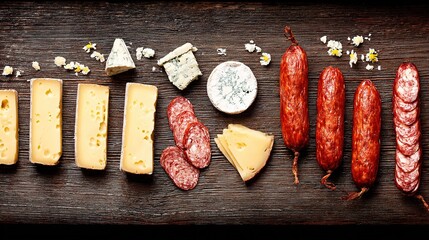 charcuterie. Gourmet selection of cheeses and sausages arranged on a wooden surface, top view. menu design, packaging mockups, designed for food delivery and cloud-kitchen brand materials.
