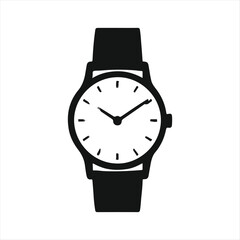 Luxury men's silver chrome metal wristwatch with black dial and hour hand on a white background