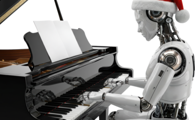 A white robotic humanoid wearing a Santa hat plays a black grand piano with sheet music on the stand Christmas musician playing instrument keyboard technology artificial intelligence