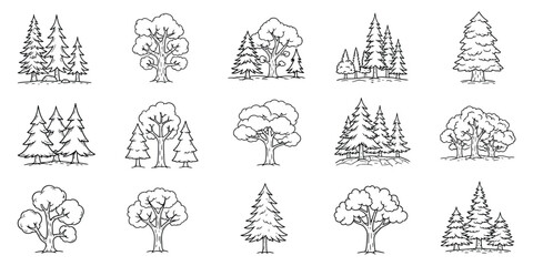 Ink Drawing Style Tree Collection Forest Wood Outline Icon Symbol. Pictogram Arbor Day Celebration Plant Species Tree Line Art. Black and White Vector Illustration.