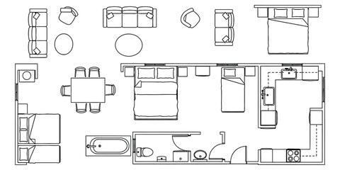 Architectural Blueprint Floor Plan Furniture Layout Design in Vector Style.
