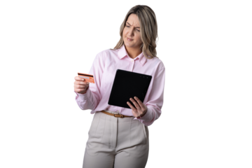 Woman looking confused holding credit card and tablet