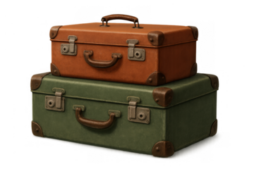 Stacking vintage suitcases, old luggage for travel, journey, vacation, and adventure, having a transparent background