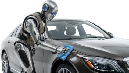 A sleek futuristic robot with glowing blue eyes meticulously polishes a luxury car's exterior with a blue microfiber cloth showcasing advanced automation cleaning