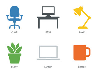 Set of office furniture and items. Chair, desk, lamp, plant, laptop, coffee mug. Workplace essentials.