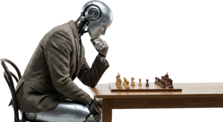 Sophisticated Robotic Figure In A Suit Contemplating A Chessboard With A Wooden Table And Chair Transparent Background Board Game Strategy Thinking Artificial Intelligence