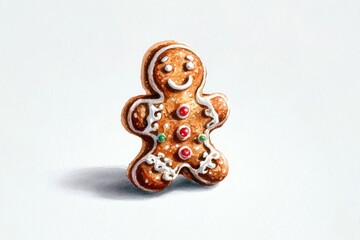 Watercolor New Year's illustration, a gingerbread man on a white background. AI generative.