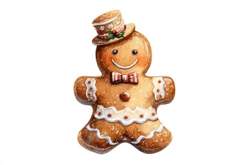 Watercolor New Year's illustration, a gingerbread man on a white background. AI generative.