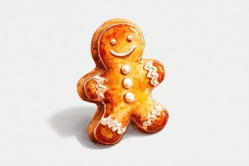 Watercolor New Year's illustration, a gingerbread man on a white background. AI generative.
