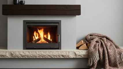 Modern fireplace radiates cozy warmth, creating an inviting home ambiance with its vibrant fire, rustic wood mantel, stone hearth, and soft blanket
